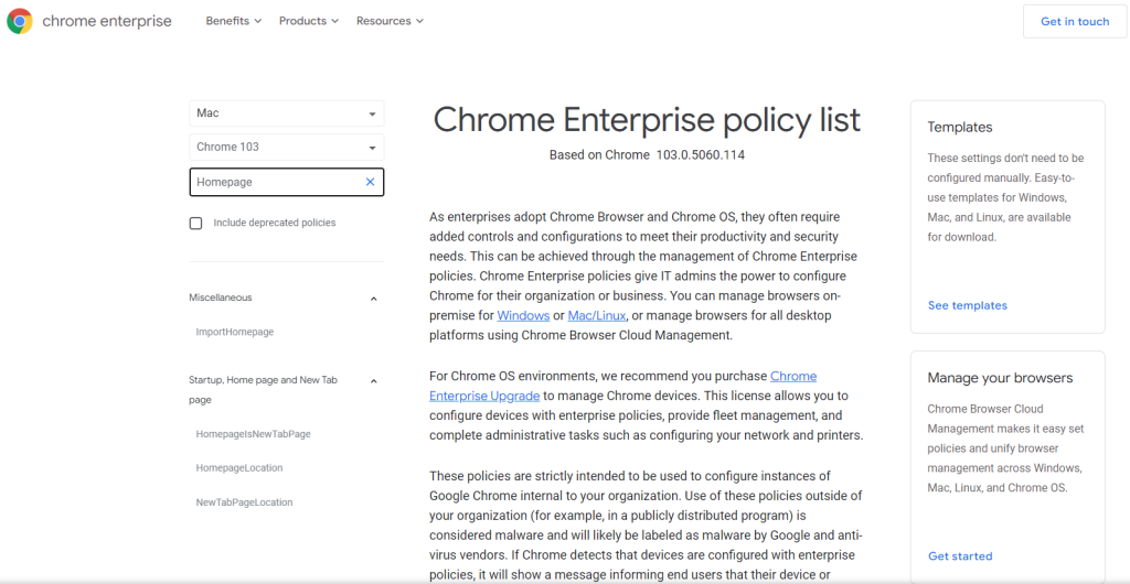 Chrome Enterprise policies list